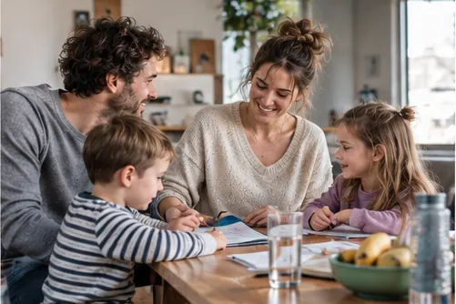 Familie mit zwei Kindern am Küchentisch